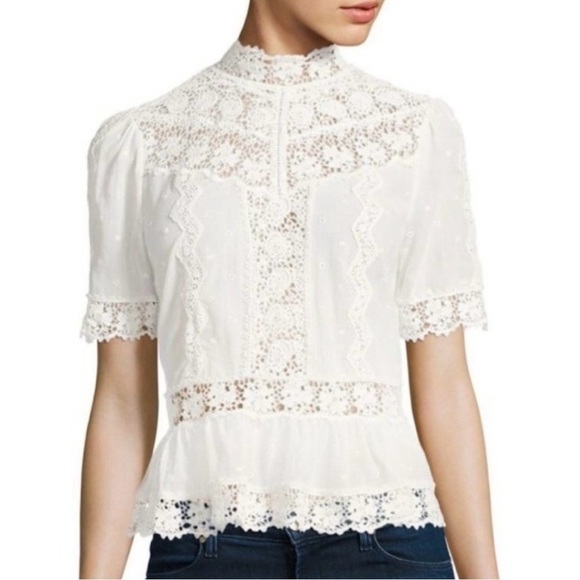Rebecca Taylor 100% cotton BEAUTIFUL Victorian mock neck eyelet lace blouse NWT - Picture 4 of 14